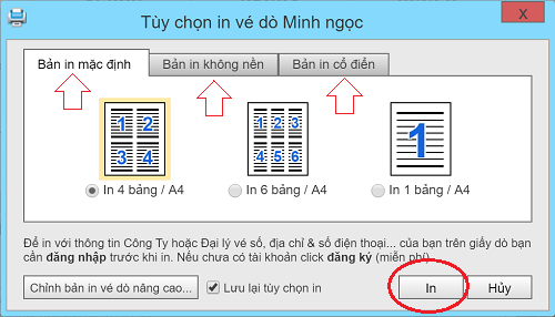Tùy chọn In Vé Dò Minh Ngọc